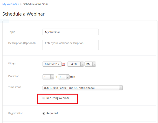 Select the option for recurring webinars
