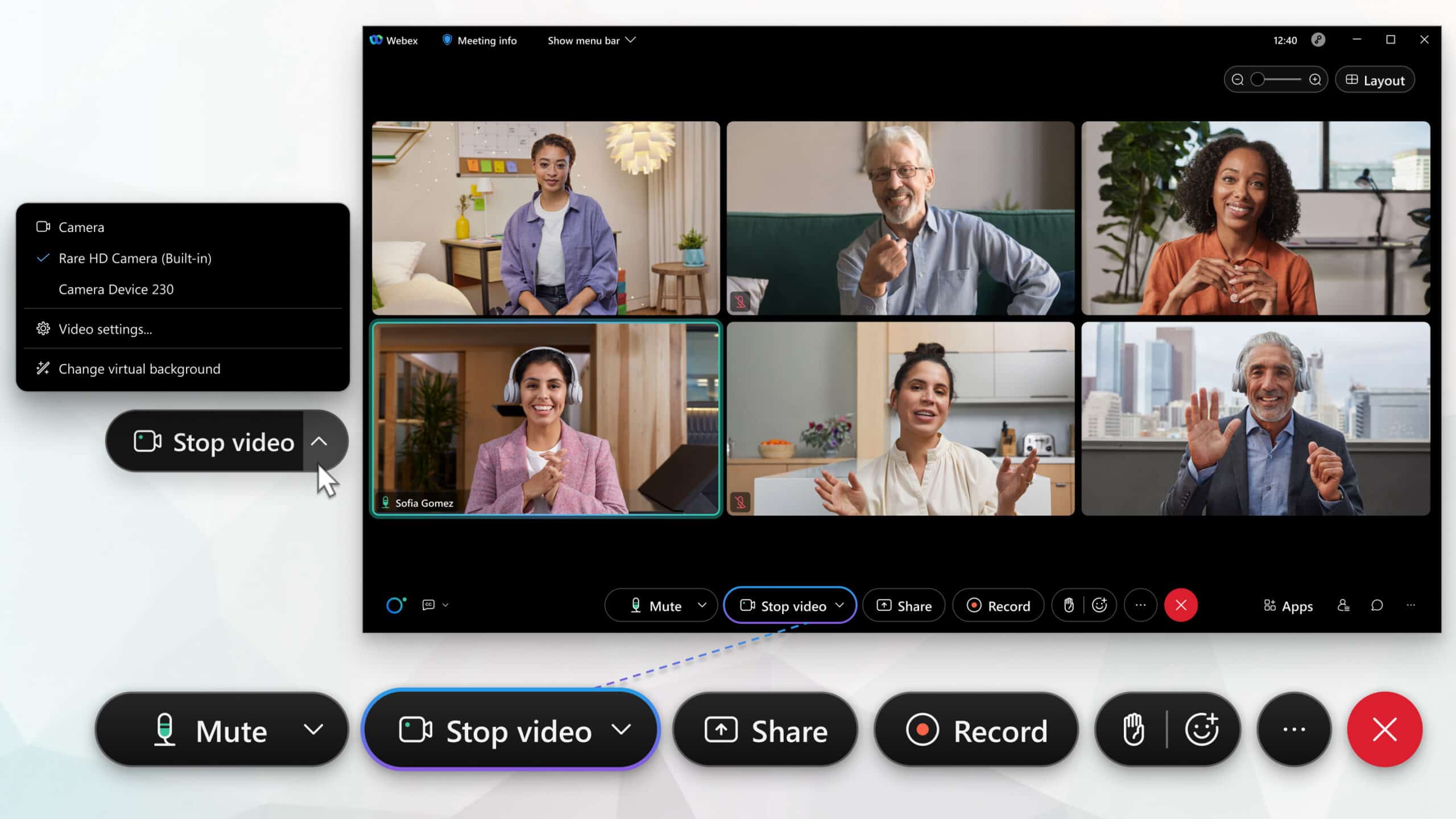 Start or stop your video during a Webex meeting, webinar, or event